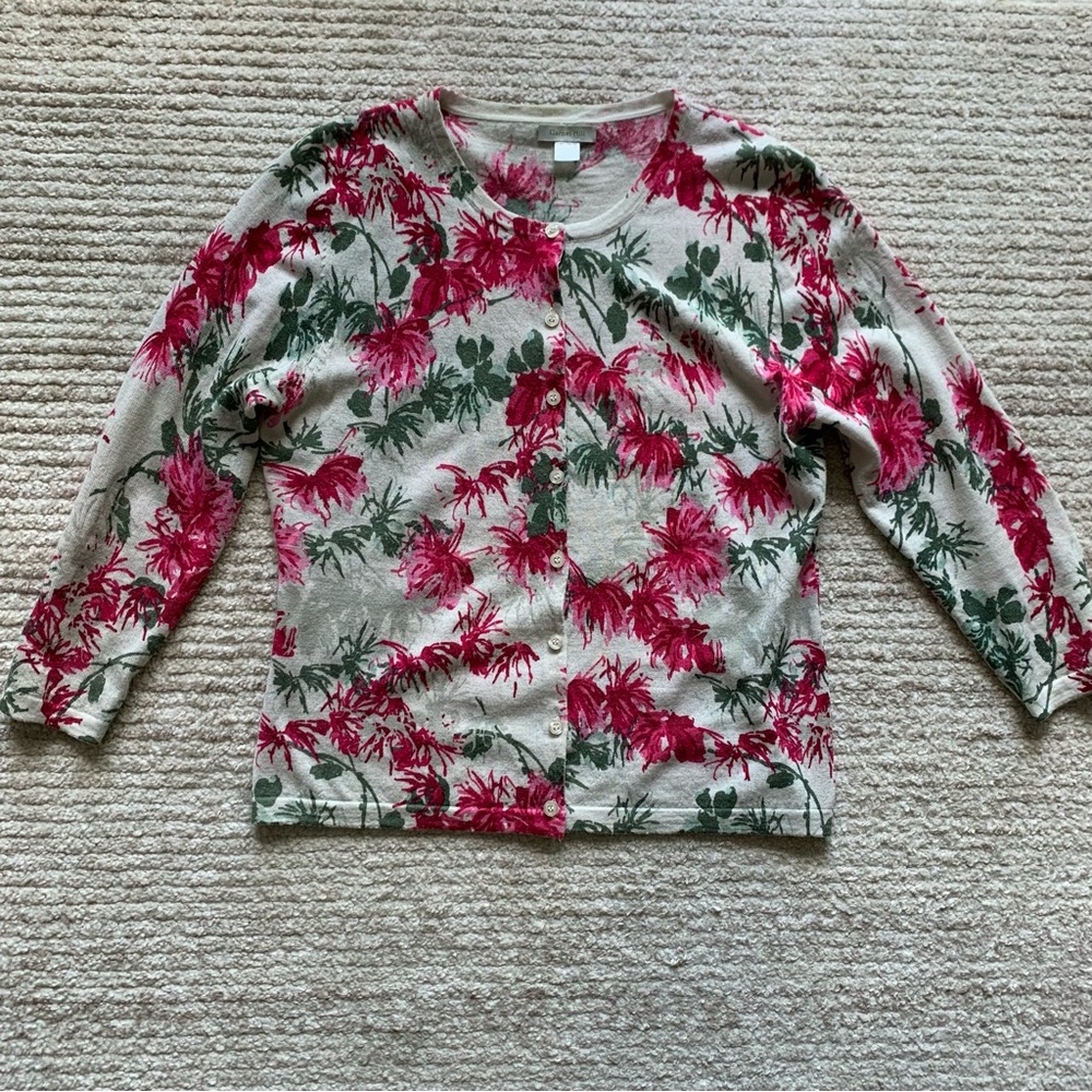 Garnet Hill Floral Print Cream Cardigan with Pink and Green